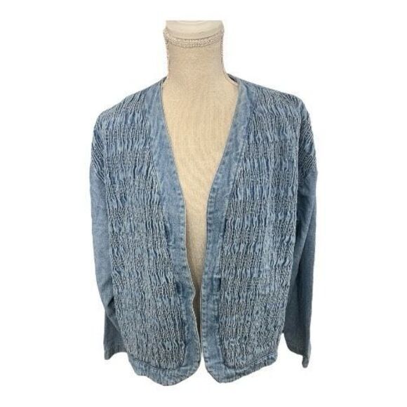 Vintage Saint German Paris Blue Denim Collarless Jacket Large Ruched Front Women - Picture 8 of 9